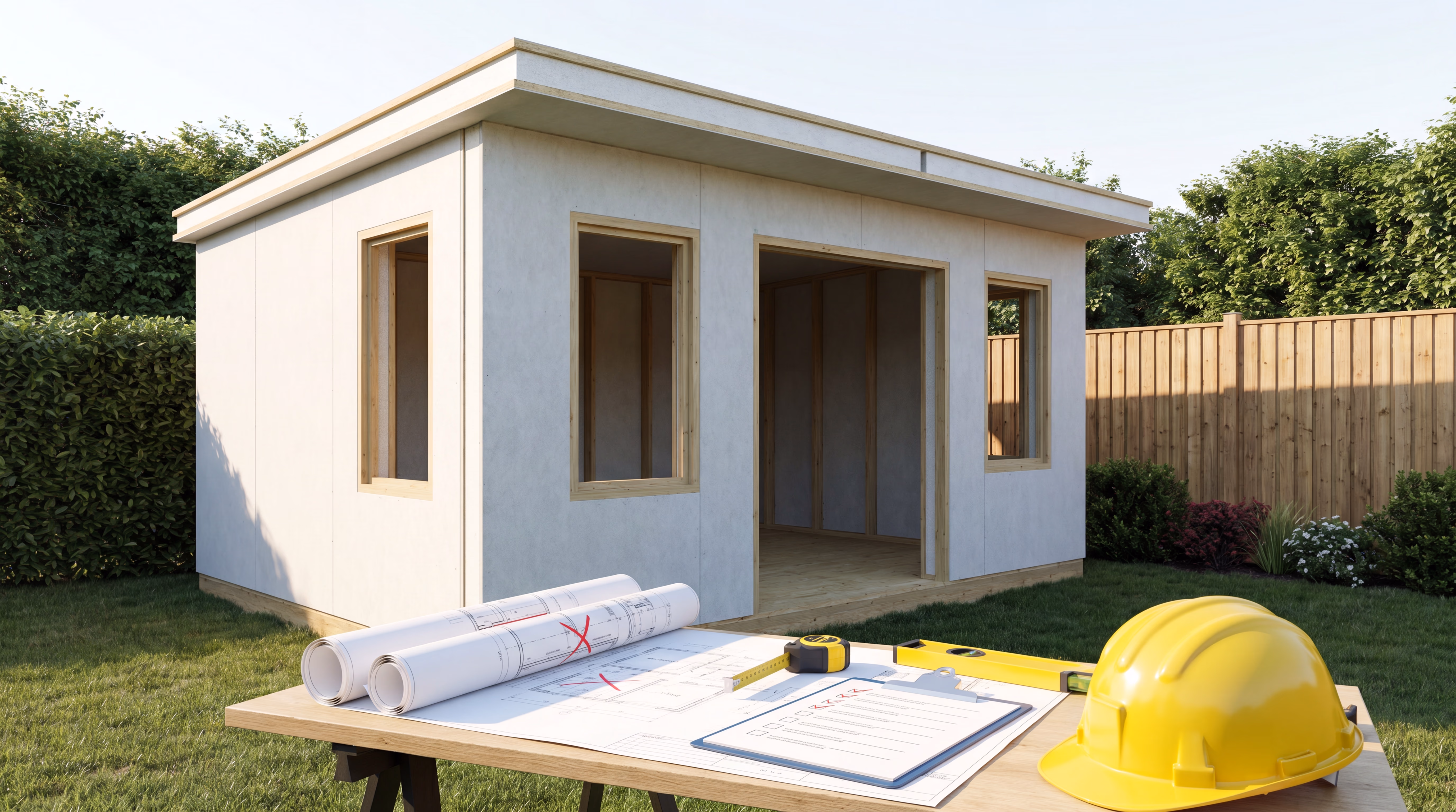 SIP panel garden room shell with window and door openings