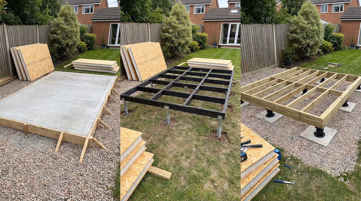 SIP garden room base options including concrete slab, ground screws and timber frame base