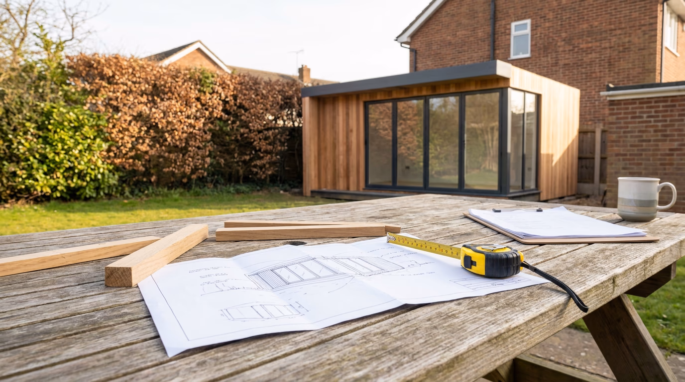 SIP garden room in a UK garden with planning drawings and measuring tools