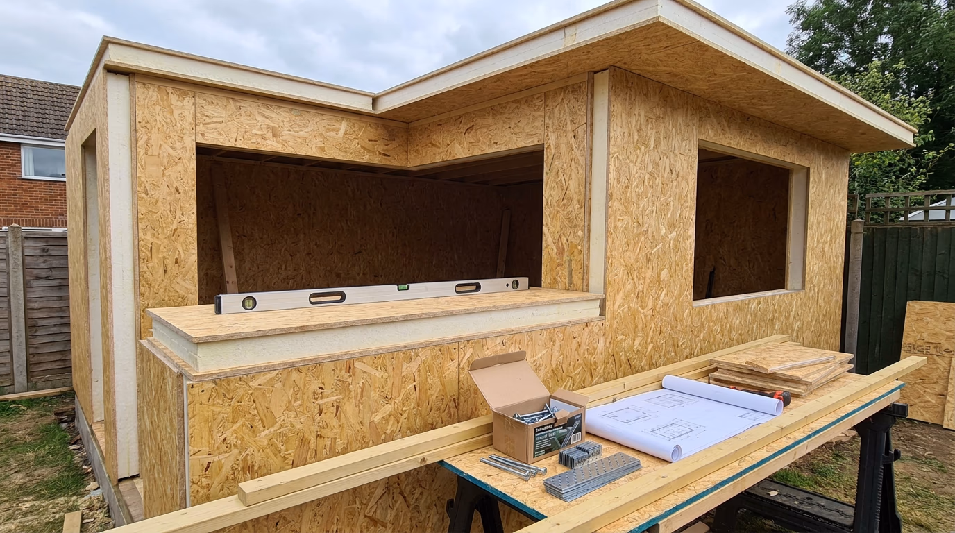 Modern SIP panel garden room shell showing insulated panels and clean construction details