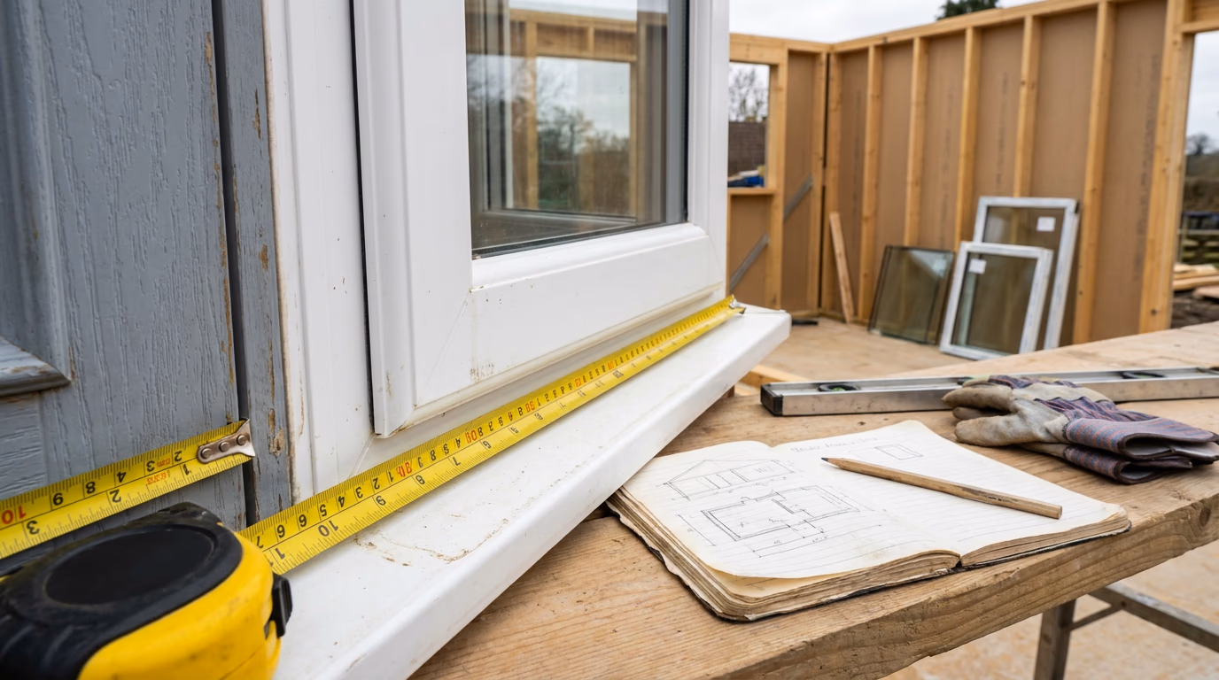 Tape measure on a uPVC window frame ready for a SIP panel opening